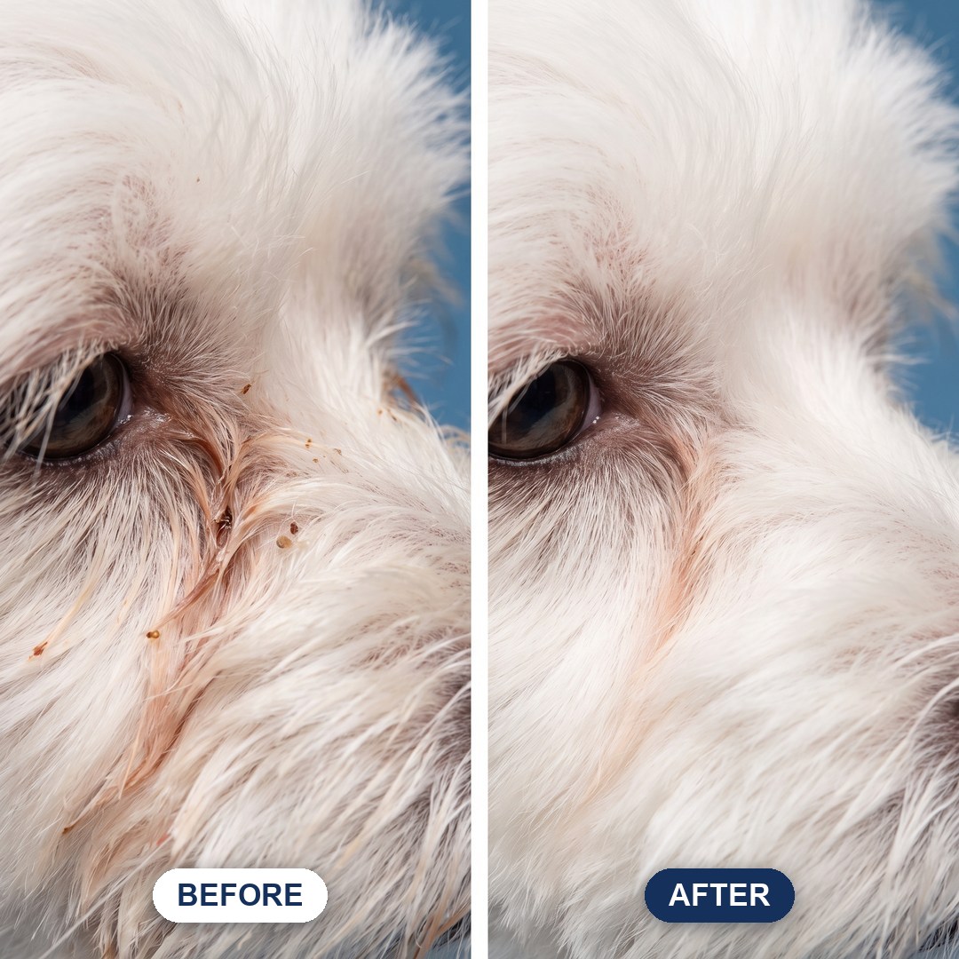 The same fold under a dog’s eye, with residue and then clean
