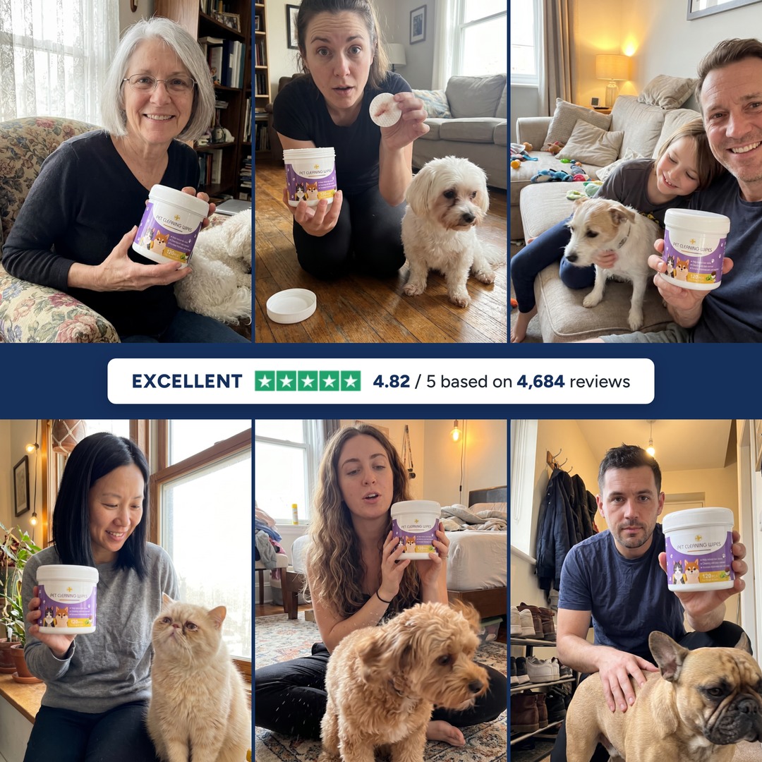 Owners at home holding the jar, with the review score across the middle