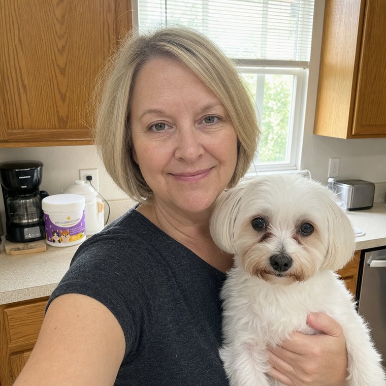 A woman holding her Maltese up against her chest in the kitchen, both of them looking into the camera