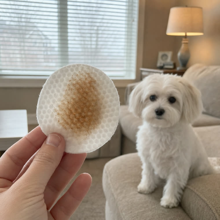 A used pad held up to the camera, rust-brown residue lifted onto the texture, the dog out of focus behind it