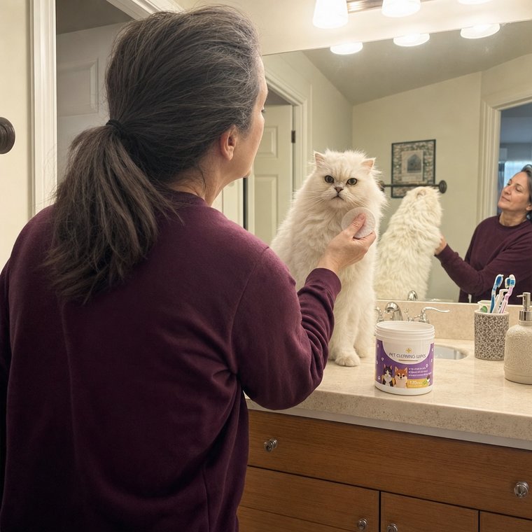 Seen from behind, a woman at the bathroom counter reaching a pad toward a white Persian cat sitting beside the open jar