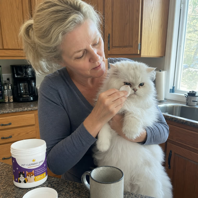 A kitchen selfie, a white Persian cat held in one arm and a cotton pad in the other hand
