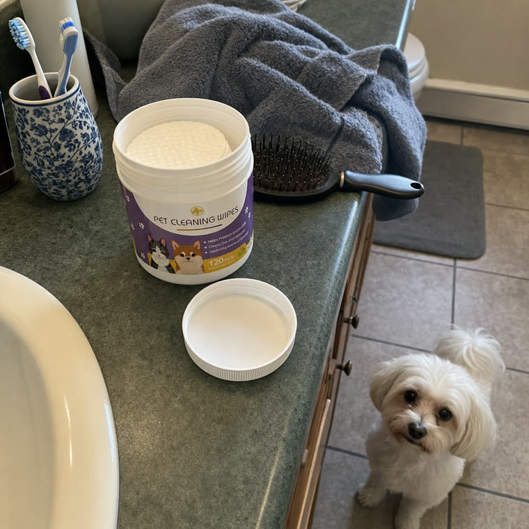 The open jar on a bathroom counter beside the toothbrushes, the dog waiting on the floor