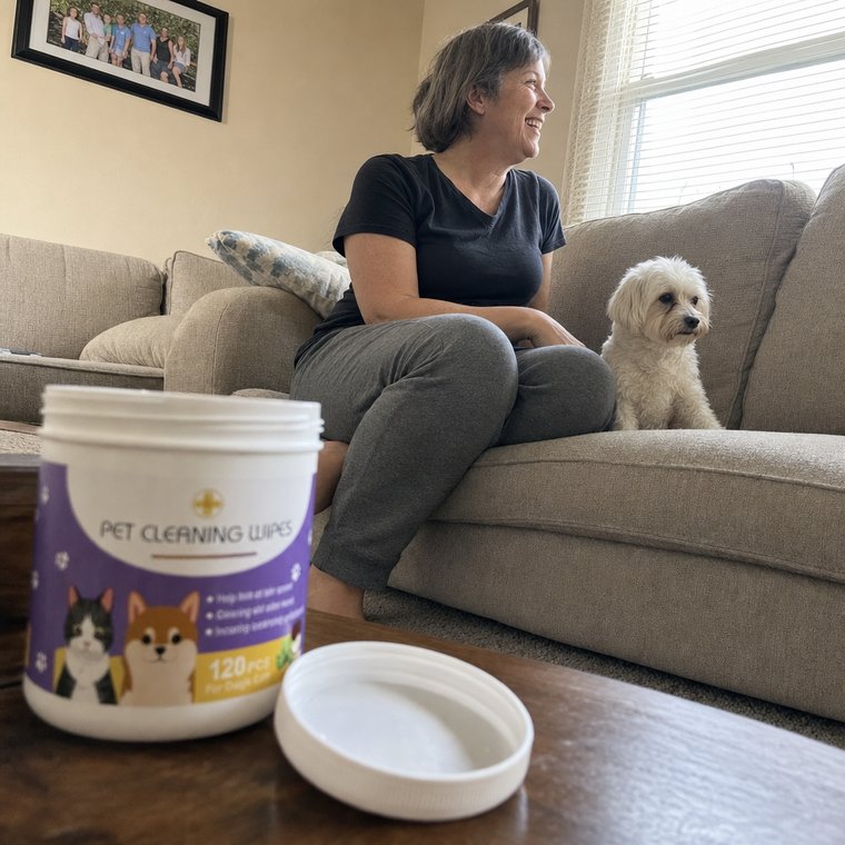 Seen from floor level, the open jar and its lid on a coffee table, an owner and her Maltese on the couch behind