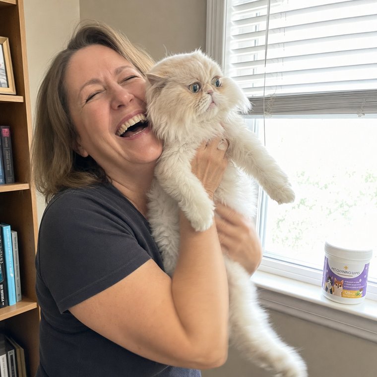 A woman laughing with her head tipped back, holding a white Persian cat up beside her face at the window